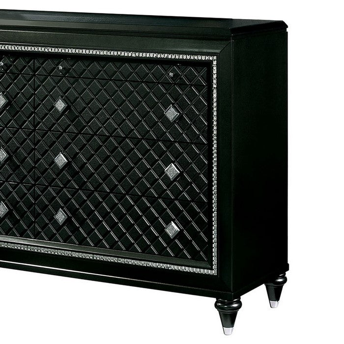 Wooden Dresser with 8 Drawers and Mirror Trim, Black and Clear
