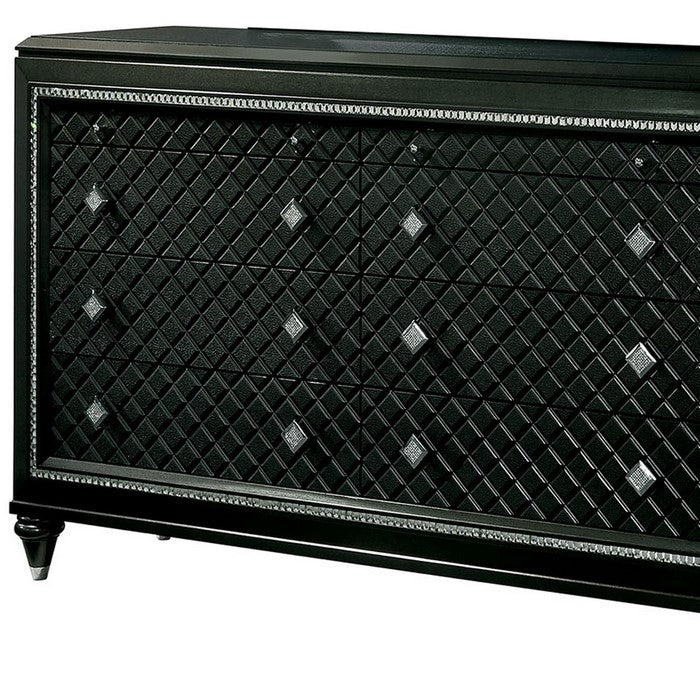 Wooden Dresser with 8 Drawers and Mirror Trim, Black and Clear