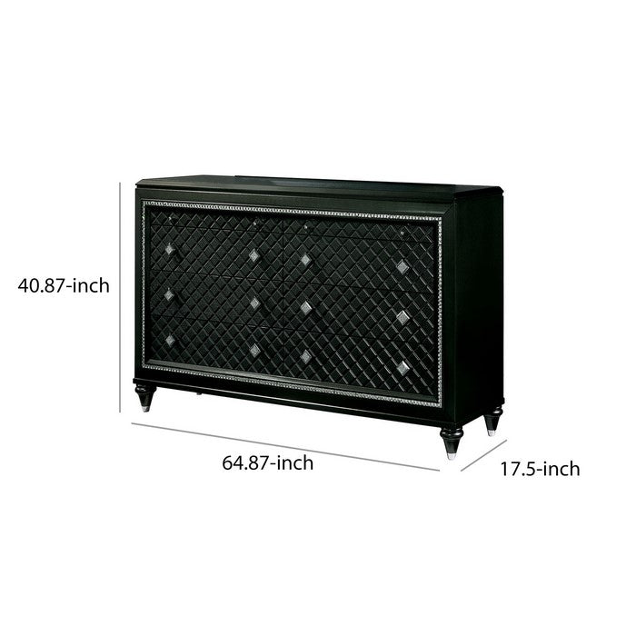 Wooden Dresser with 8 Drawers and Mirror Trim, Black and Clear