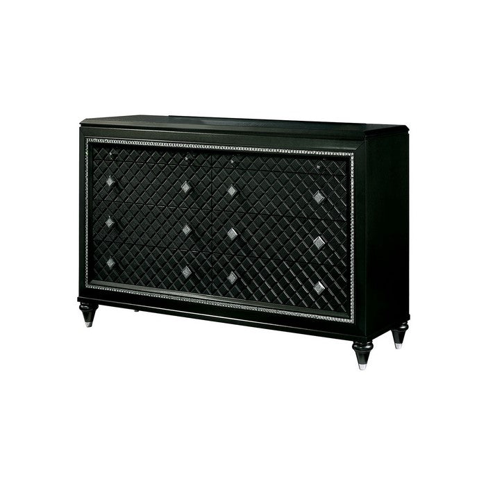 Wooden Dresser with 8 Drawers and Mirror Trim, Black and Clear