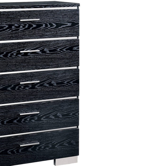 Wooden Chest with 5 Drawers and Bracket Leg Support, Black and Silver