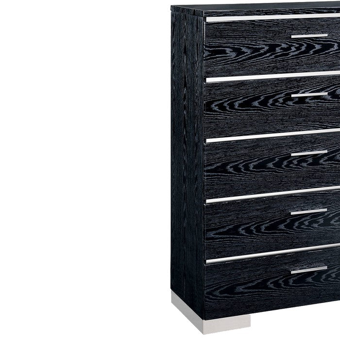 Wooden Chest with 5 Drawers and Bracket Leg Support, Black and Silver