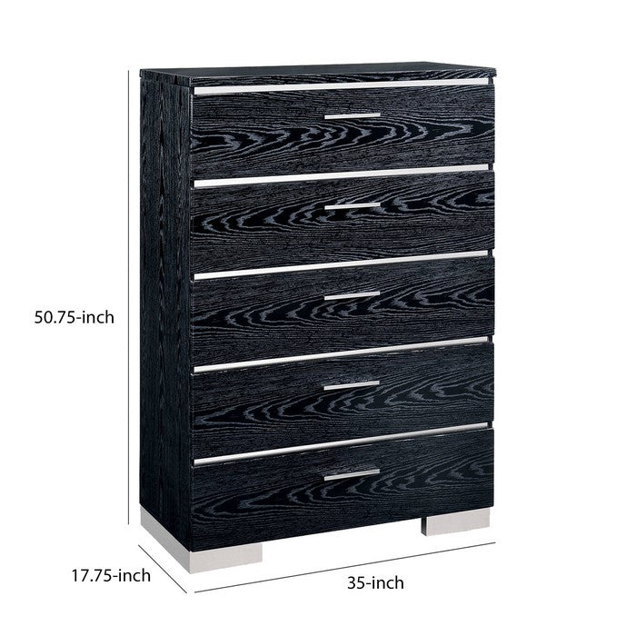Wooden Chest with 5 Drawers and Bracket Leg Support, Black and Silver