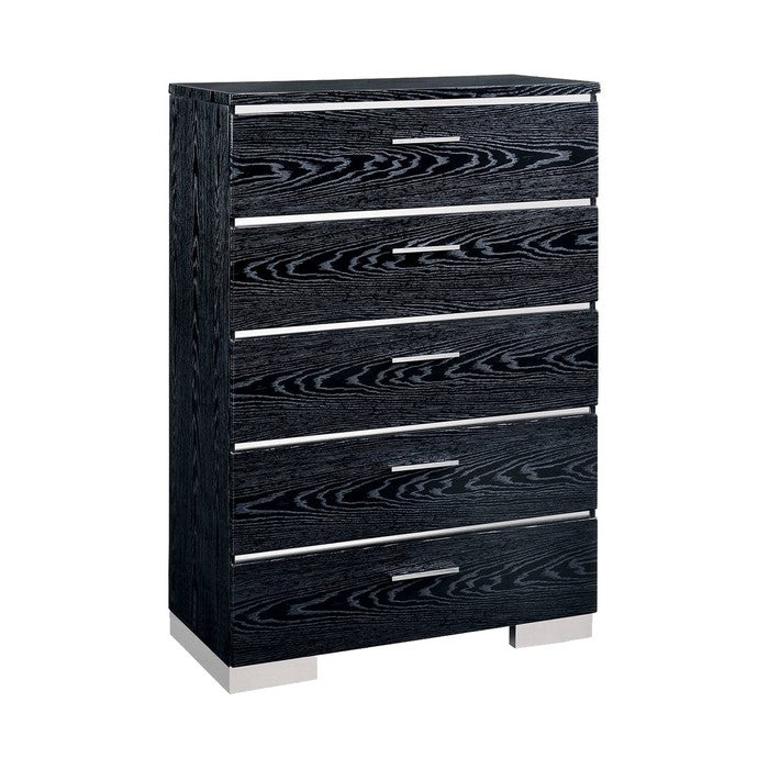 Wooden Chest with 5 Drawers and Bracket Leg Support, Black and Silver