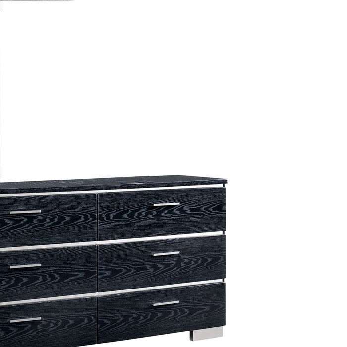 Wooden Dresser with 6 Drawers and Wood Grain Details, Black and Silver