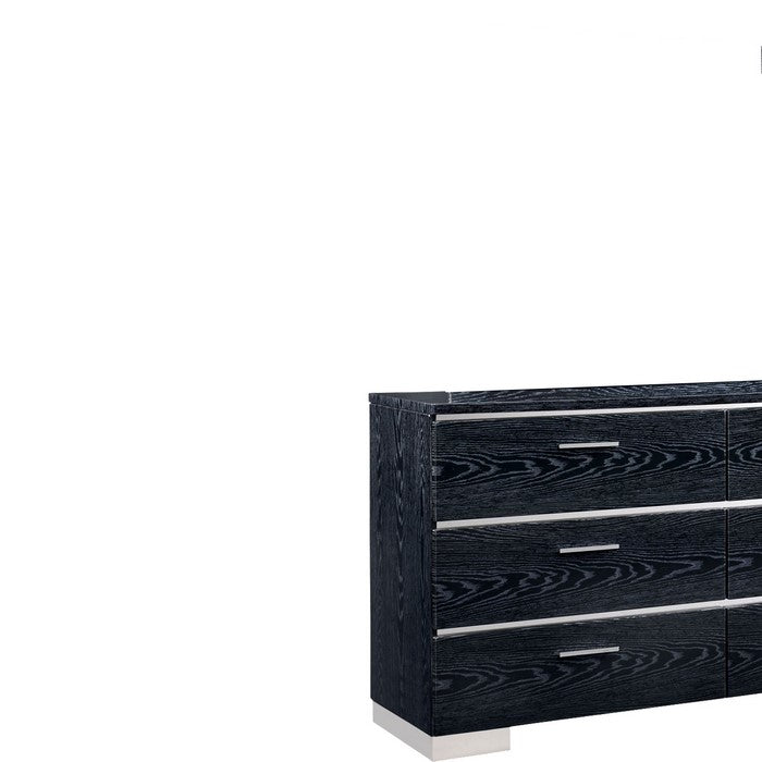 Wooden Dresser with 6 Drawers and Wood Grain Details, Black and Silver