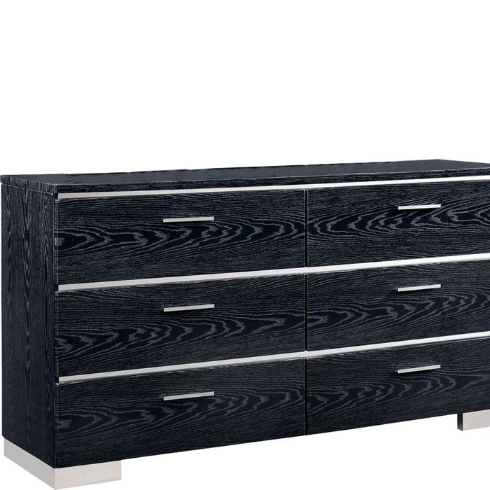 Wooden Dresser with 6 Drawers and Wood Grain Details, Black and Silver
