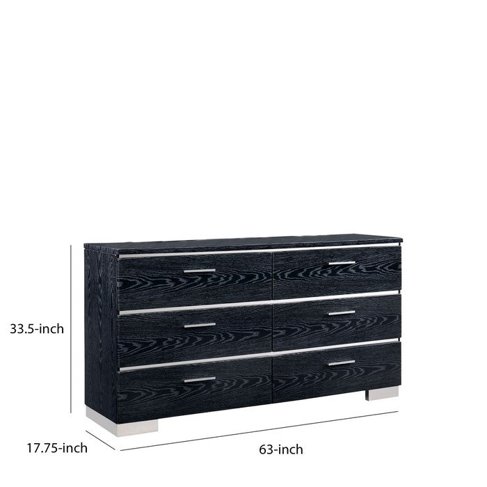 Wooden Dresser with 6 Drawers and Wood Grain Details, Black and Silver