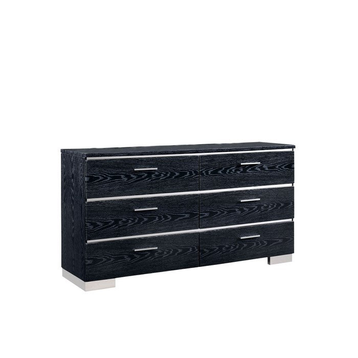 Wooden Dresser with 6 Drawers and Wood Grain Details, Black and Silver