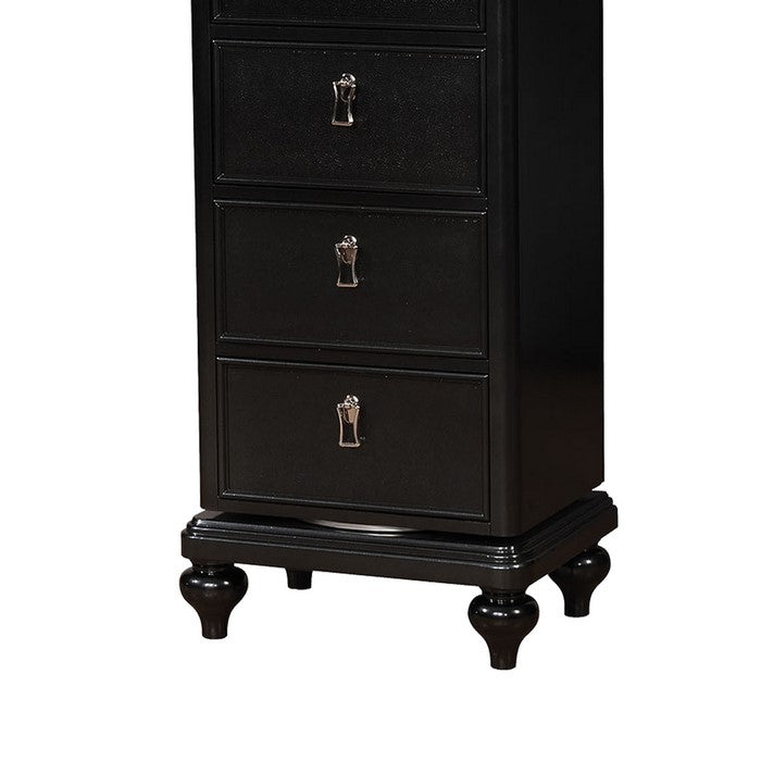Wooden Swivel Chest with 5 Drawers and Turned Legs, Black and Clear