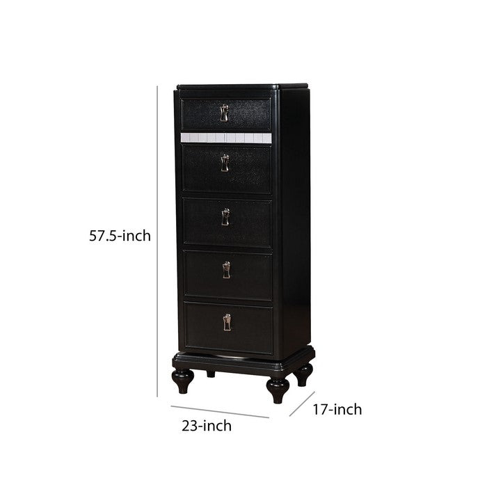 Wooden Swivel Chest with 5 Drawers and Turned Legs, Black and Clear