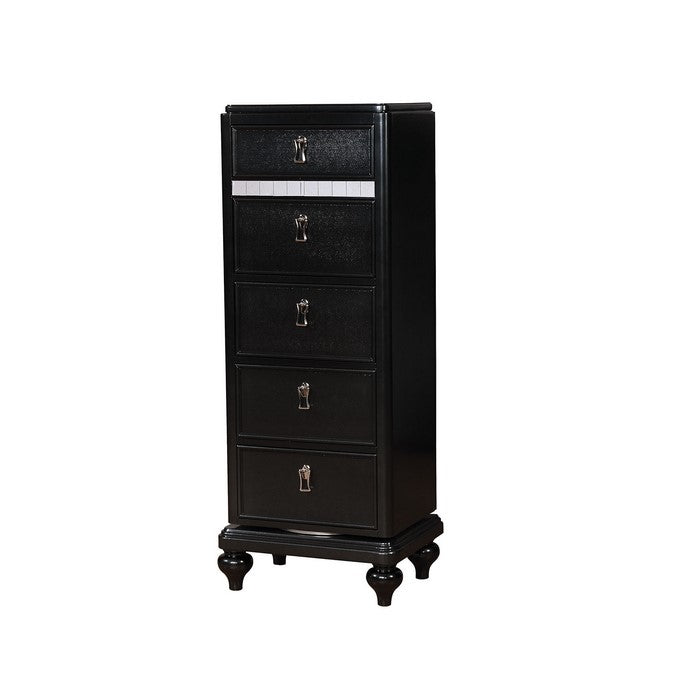 Wooden Swivel Chest with 5 Drawers and Turned Legs, Black and Clear