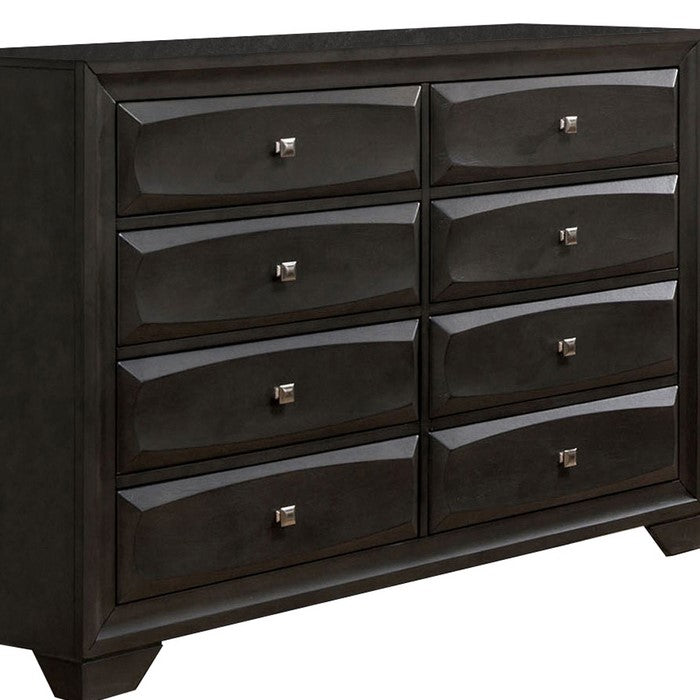 Wooden Dresser with 8 Drawers and Chamfered Leg, Gray and Silver