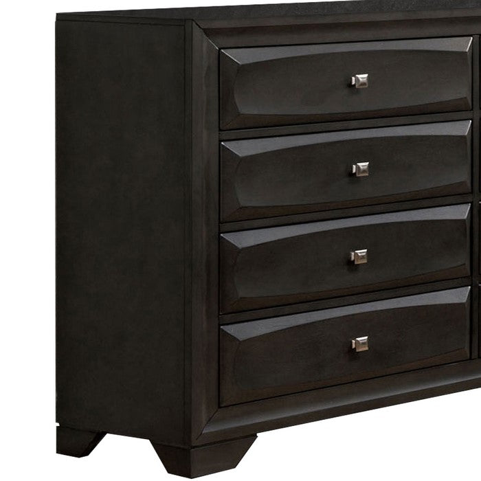 Wooden Dresser with 8 Drawers and Chamfered Leg, Gray and Silver