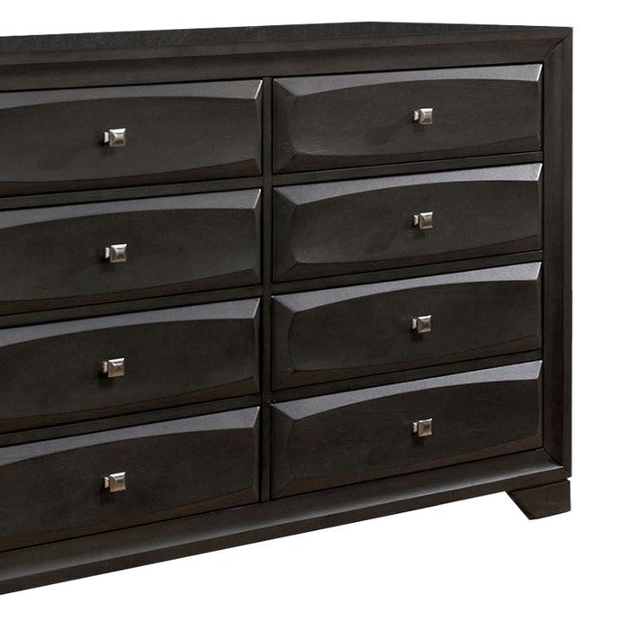 Wooden Dresser with 8 Drawers and Chamfered Leg, Gray and Silver