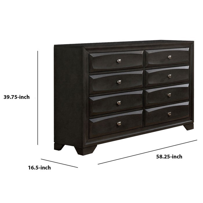 Wooden Dresser with 8 Drawers and Chamfered Leg, Gray and Silver