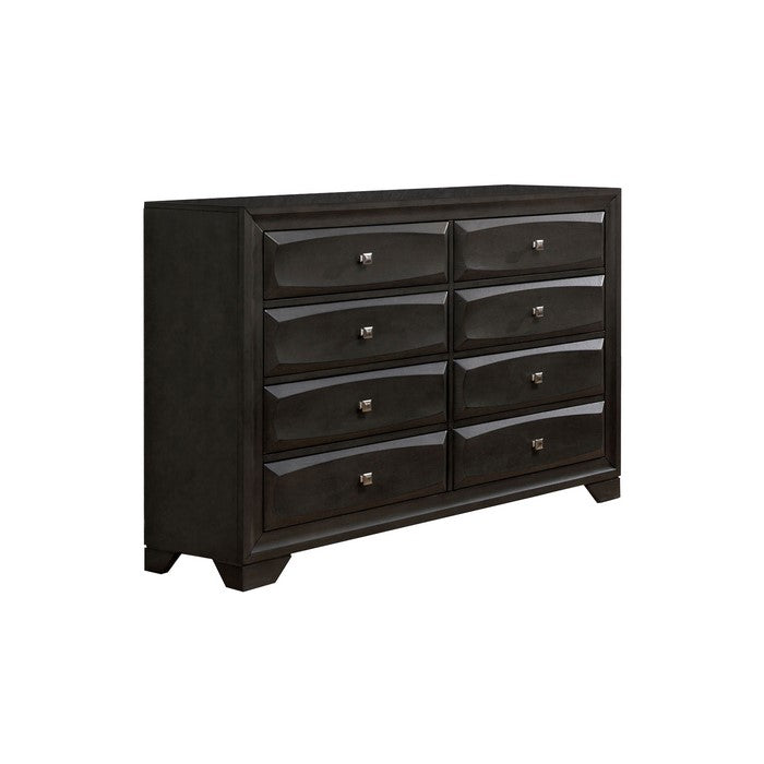Wooden Dresser with 8 Drawers and Chamfered Leg, Gray and Silver