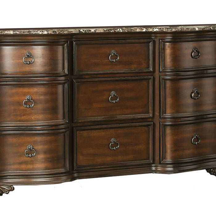 Traditional 9 Drawer Wooden Dresser with Marble Top, Brown