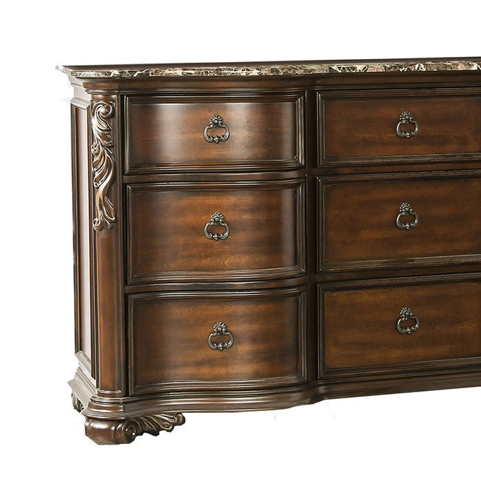 Traditional 9 Drawer Wooden Dresser with Marble Top, Brown