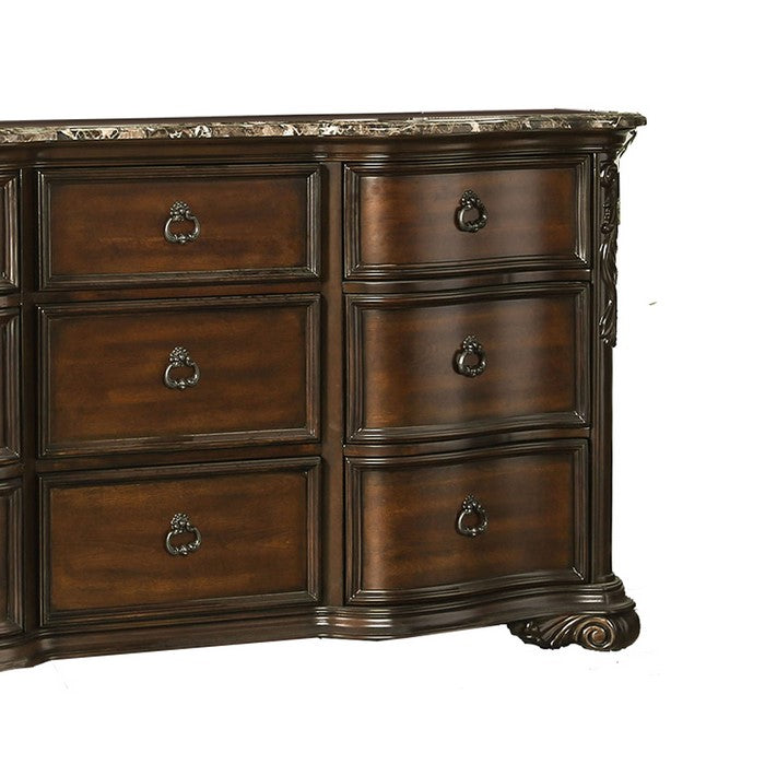 Traditional 9 Drawer Wooden Dresser with Marble Top, Brown
