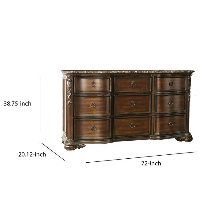 Traditional 9 Drawer Wooden Dresser with Marble Top, Brown