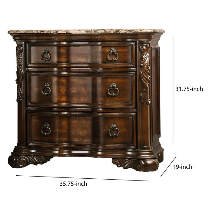 3 Drawer Wooden Nightstand with Marble Top and Scrolled Legs, Brown
