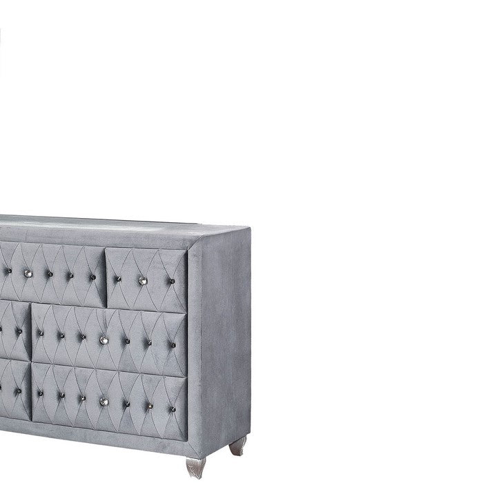 Fabric Upholstered 7 Drawer Wooden Dresser with Tufting Details, Gray