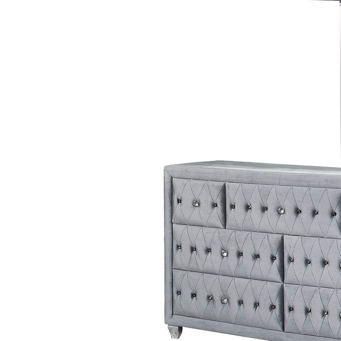 Fabric Upholstered 7 Drawer Wooden Dresser with Tufting Details, Gray