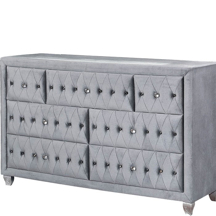 Fabric Upholstered 7 Drawer Wooden Dresser with Tufting Details, Gray