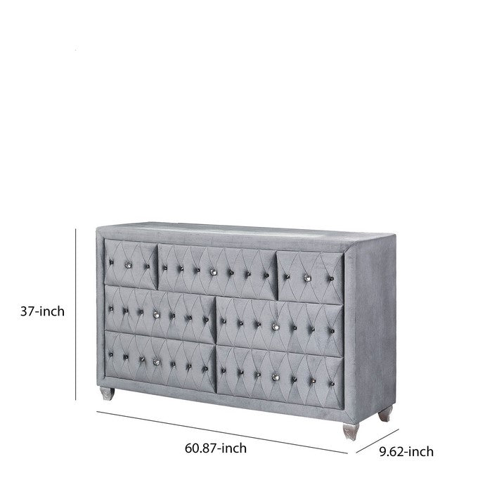 Fabric Upholstered 7 Drawer Wooden Dresser with Tufting Details, Gray