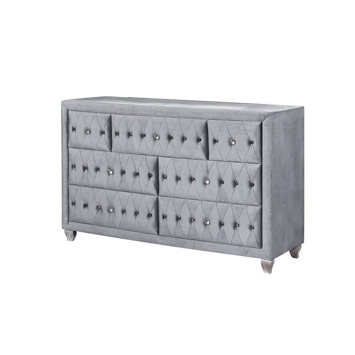 Fabric Upholstered 7 Drawer Wooden Dresser with Tufting Details, Gray
