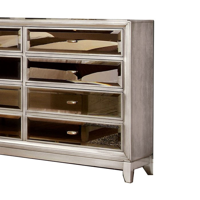 Wooden 8 Drawers Dresser with Beveled Mirror Panels, Silver and Gold