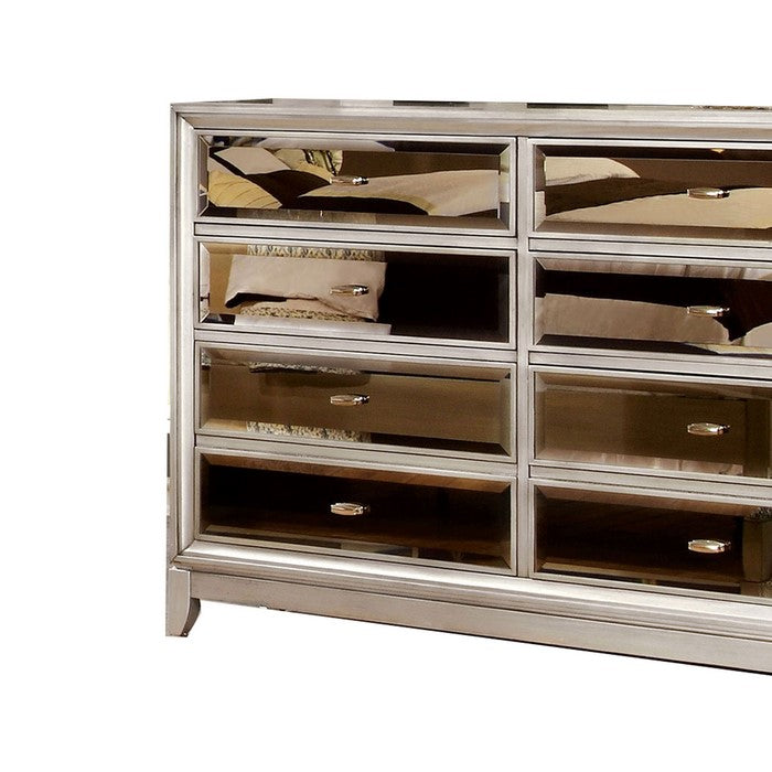 Wooden 8 Drawers Dresser with Beveled Mirror Panels, Silver and Gold
