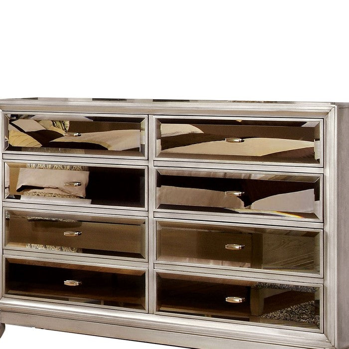Wooden 8 Drawers Dresser with Beveled Mirror Panels, Silver and Gold