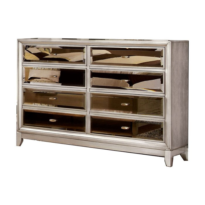 Wooden 8 Drawers Dresser with Beveled Mirror Panels, Silver and Gold