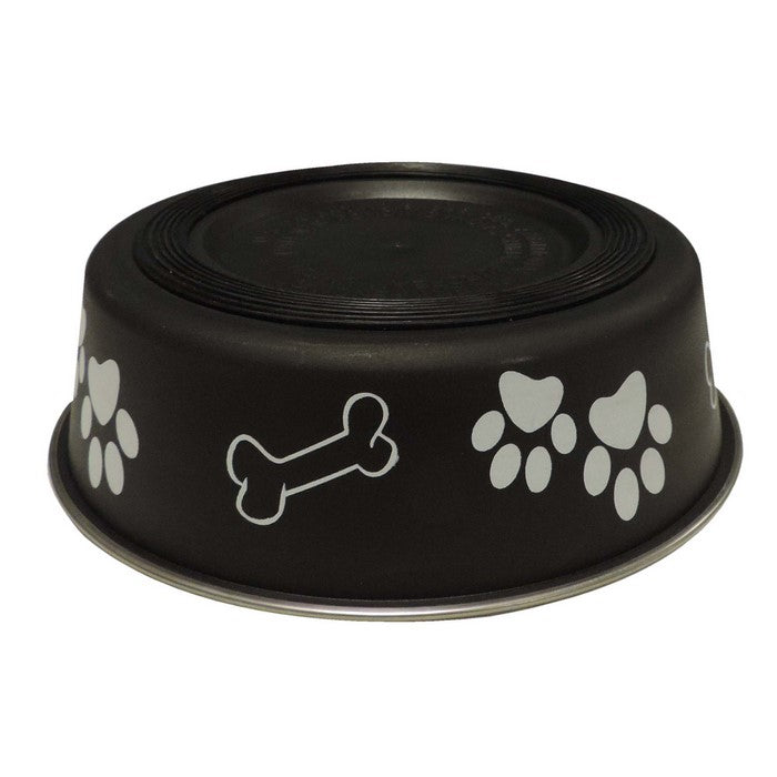 Paw and Bone Printed Feeding Bowl for Dogs and Puppies, Black and Gray