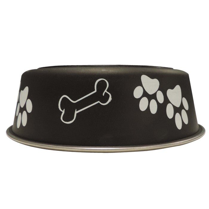 Paw and Bone Printed Feeding Bowl for Dogs and Puppies, Black and Gray