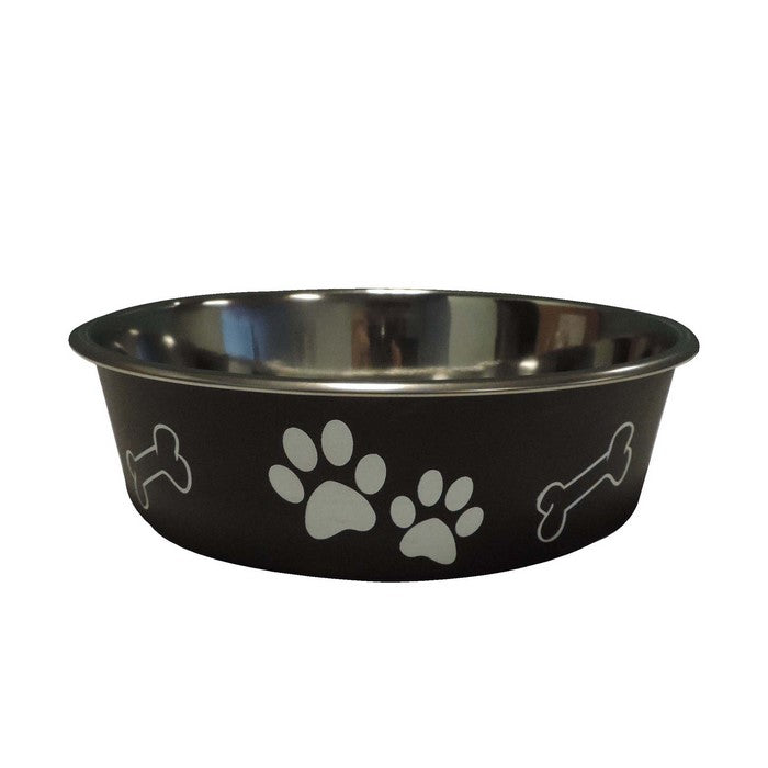 Paw and Bone Printed Feeding Bowl for Dogs and Puppies, Black and Gray