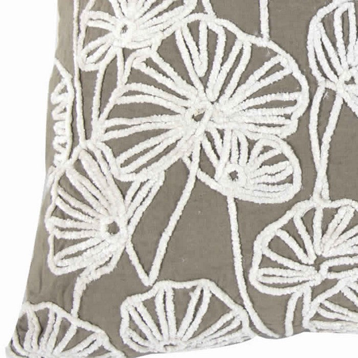 20 x 18 Inch Cotton Pillow with Floral Embroidery, Set of 2, White and Gray