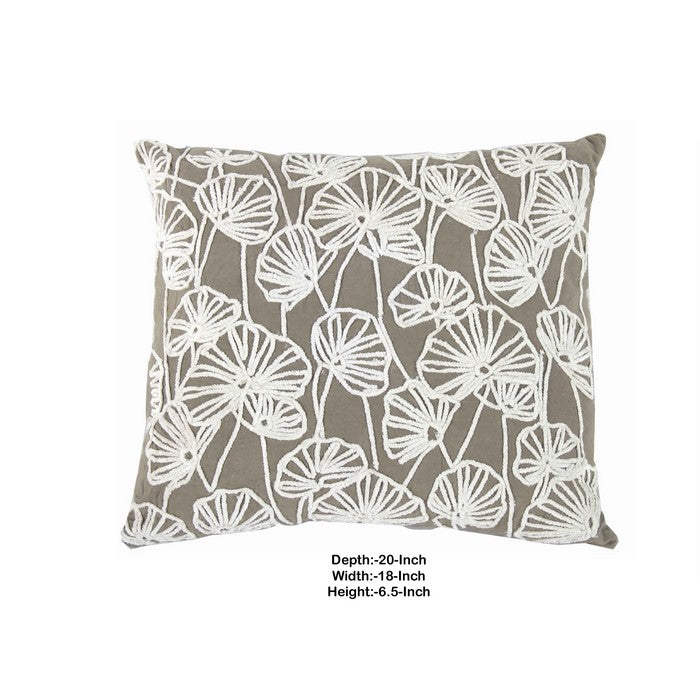 20 x 18 Inch Cotton Pillow with Floral Embroidery, Set of 2, White and Gray