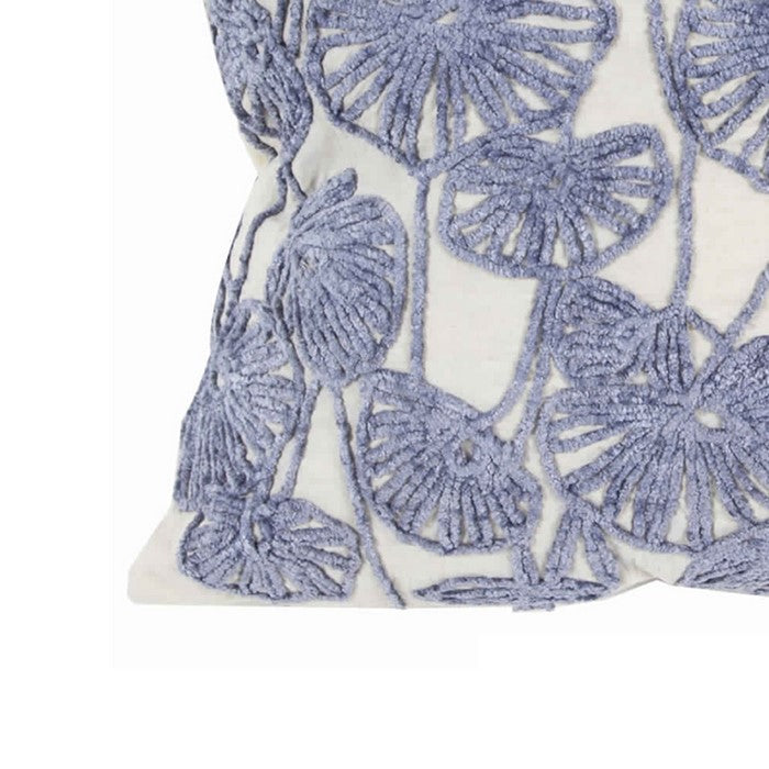 20 x 18 Inch Cotton Pillow with Floral Embroidery, Set of 2, White and Blue
