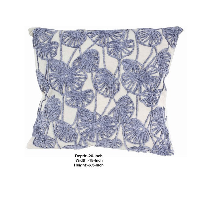 20 x 18 Inch Cotton Pillow with Floral Embroidery, Set of 2, White and Blue