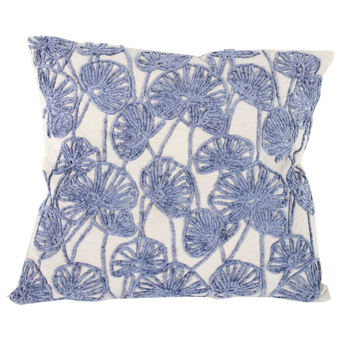 20 x 18 Inch Cotton Pillow with Floral Embroidery, Set of 2, White and Blue