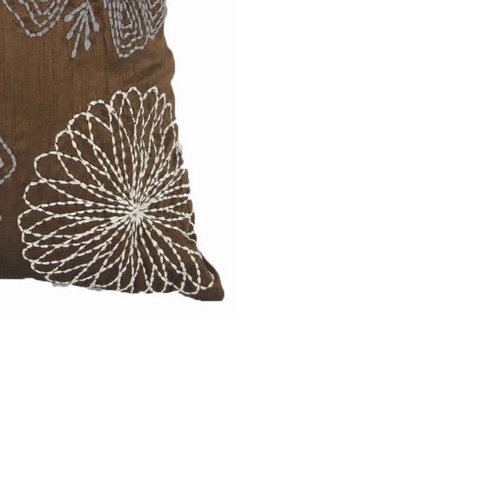 18 X 18 Inch Cotton Pillow with Poly Silk Embroidery, Set of 2, Brown and White