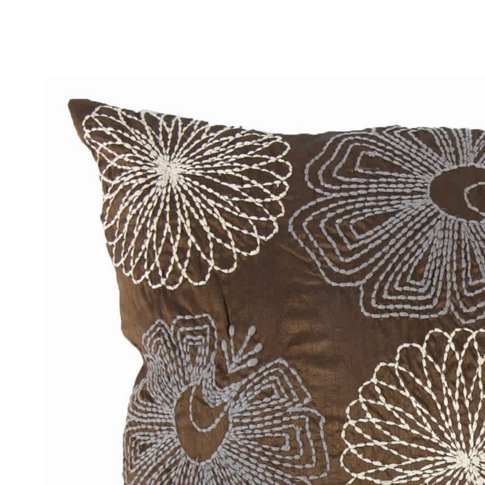 18 X 18 Inch Cotton Pillow with Poly Silk Embroidery, Set of 2, Brown and White