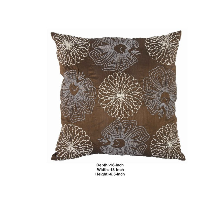 18 X 18 Inch Cotton Pillow with Poly Silk Embroidery, Set of 2, Brown and White