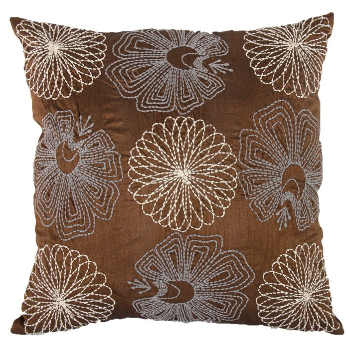 18 X 18 Inch Cotton Pillow with Poly Silk Embroidery, Set of 2, Brown and White