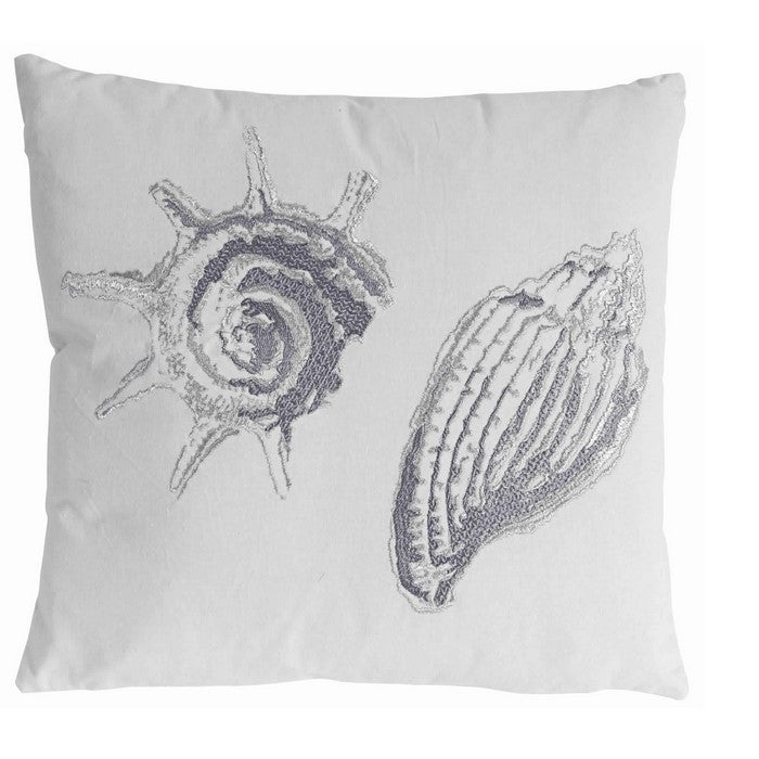 18 X 18 Inch Cotton Pillow with Seashell Embroidery, Set of 2, Silver and White