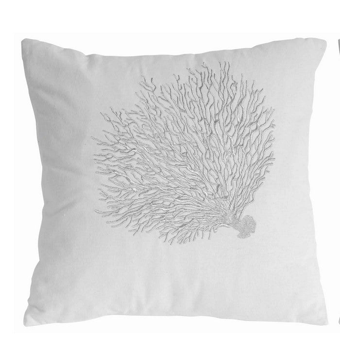 18 X 18 Inch Cotton Pillow with Seashell Embroidery, Set of 2, Silver and White