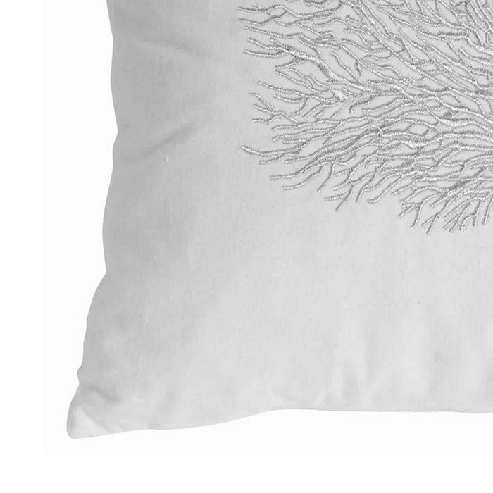 18 X 18 Inch Cotton Pillow with Seashell Embroidery, Set of 2, Silver and White